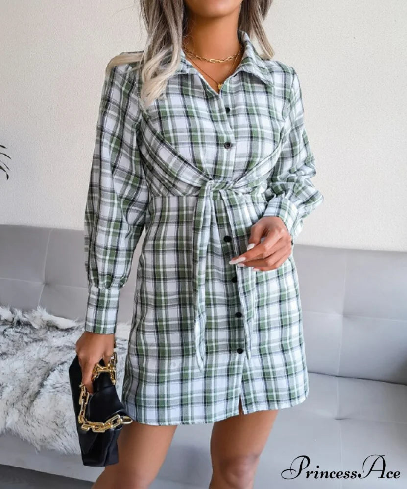 Women’s Long Sleeve Lace-Up Shirt Dress - Single-Breasted Cotton Linen Autumn Print XL / GREEN