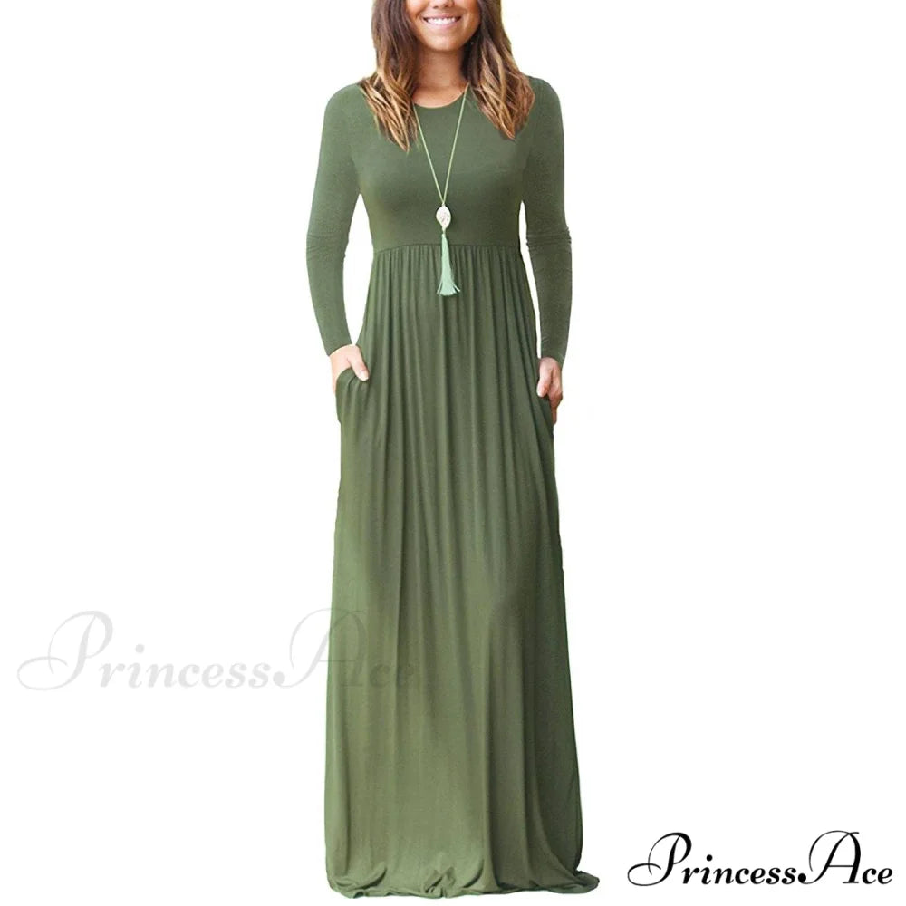 Women’s Long Sleeve Maxi Dress with Pockets Army Green / S