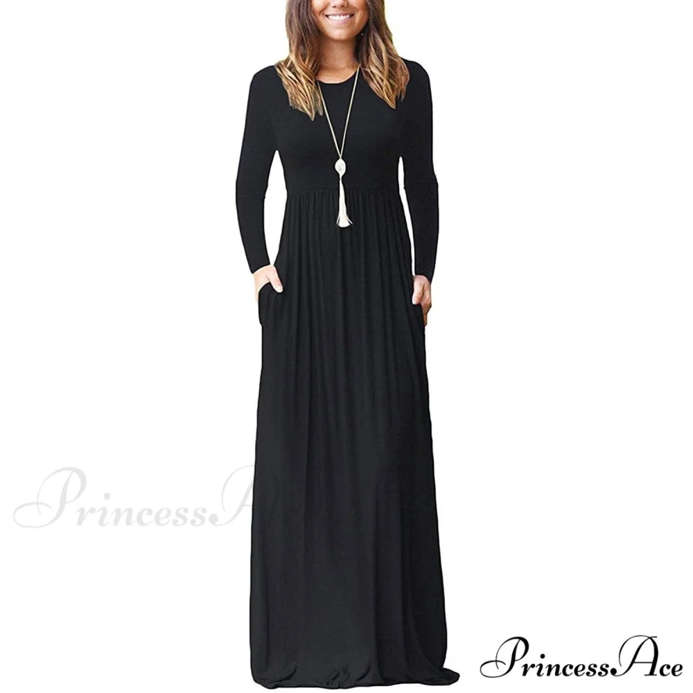 Women’s Long Sleeve Maxi Dress with Pockets Black / S