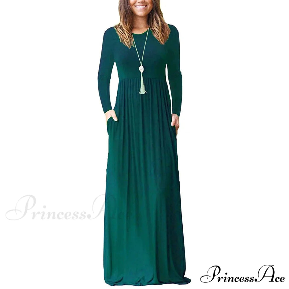 Women’s Long Sleeve Maxi Dress with Pockets Dark Green / S