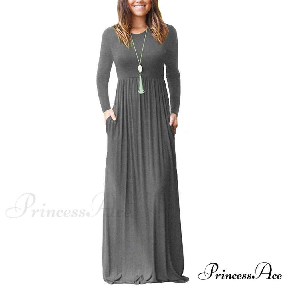 Women’s Long Sleeve Maxi Dress with Pockets Gray / S