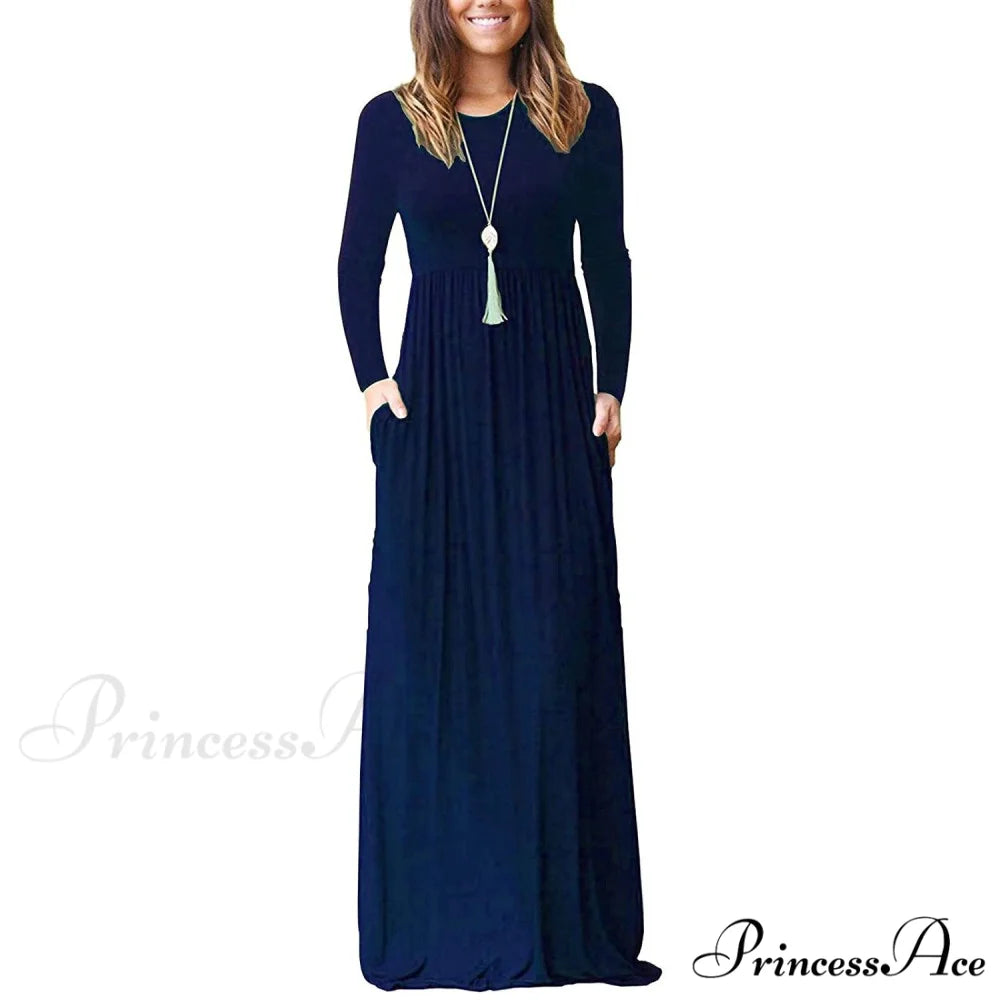 Women’s Long Sleeve Maxi Dress with Pockets Navy / S