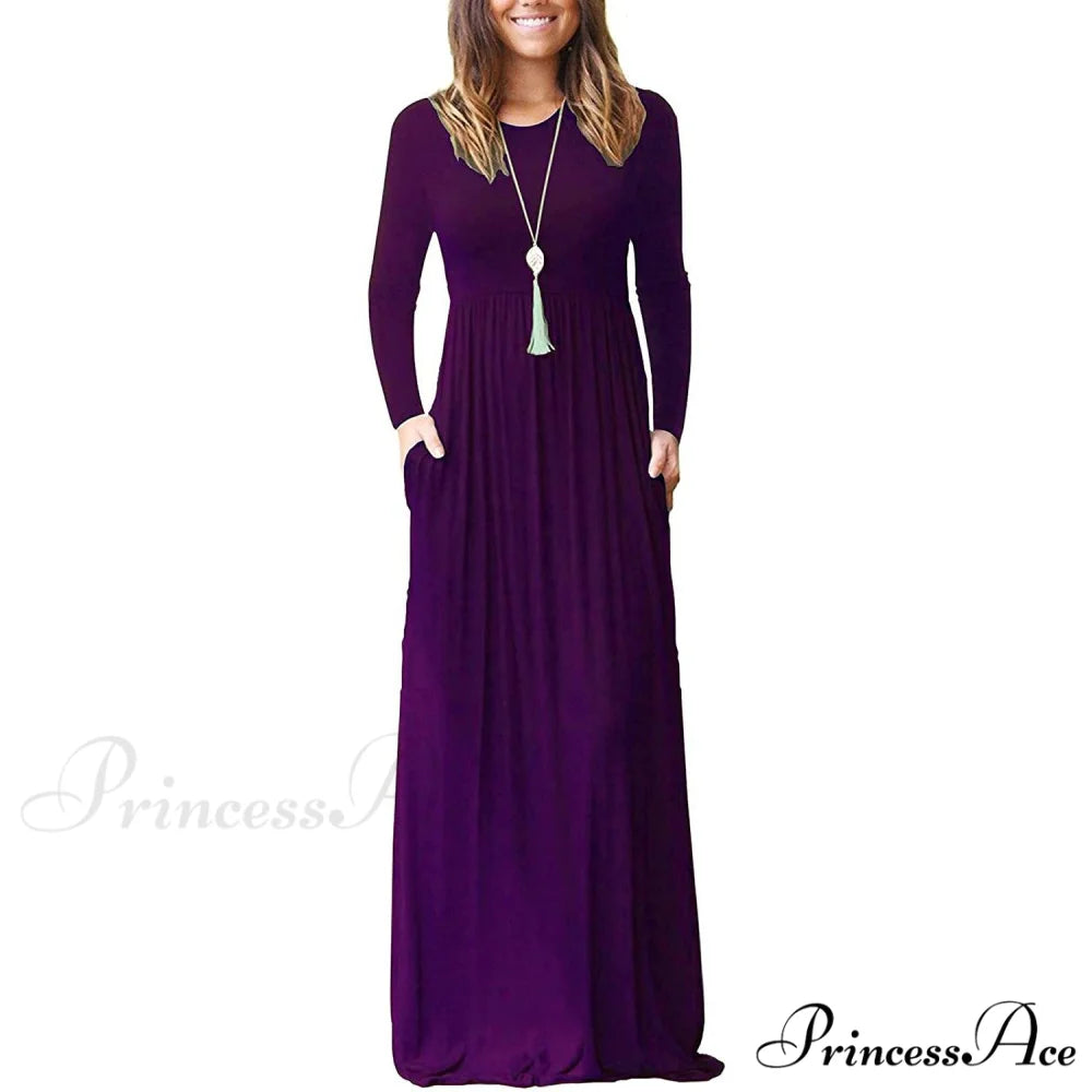 Women’s Long Sleeve Maxi Dress with Pockets Purple / S