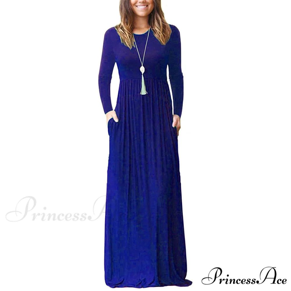 Women’s Long Sleeve Maxi Dress with Pockets Royal Blue / S