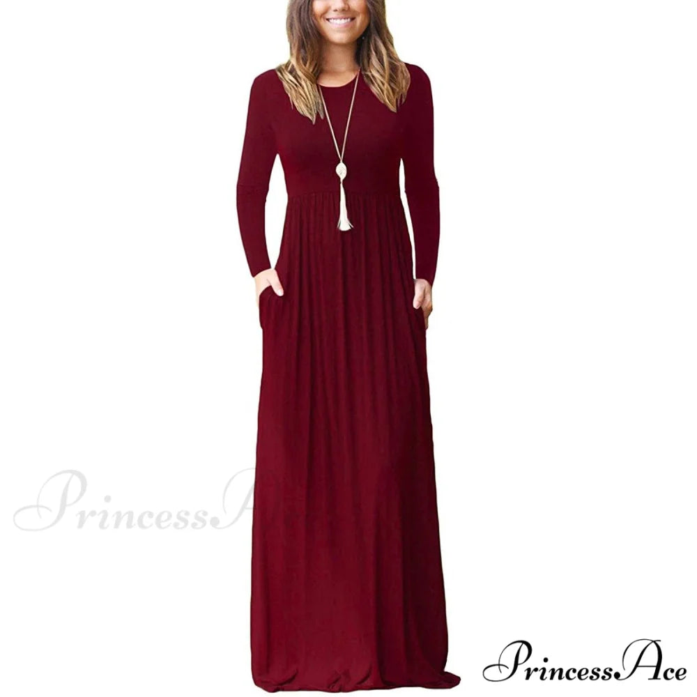 Women’s Long Sleeve Maxi Dress with Pockets Wine Red / S