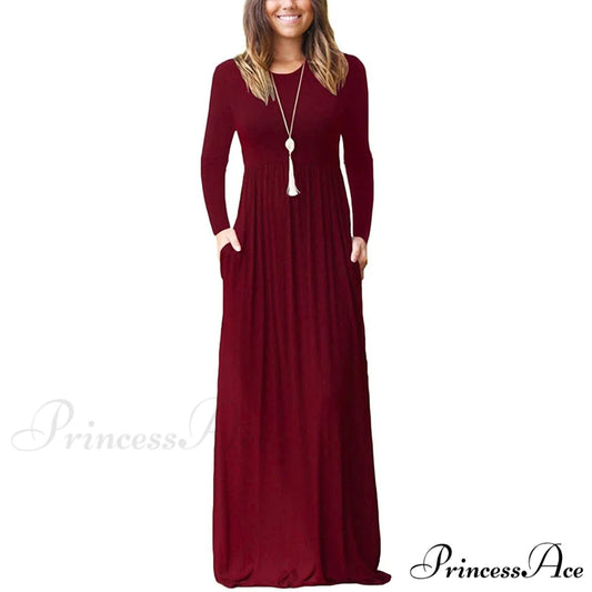 Women’s Long Sleeve Maxi Dress with Pockets Wine Red / S