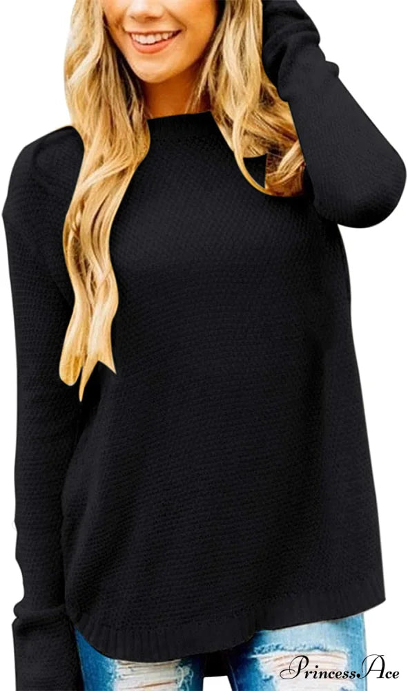 Women’s Long Sleeve Oversized Crew Neck Knit Pullover Black / XX-Large