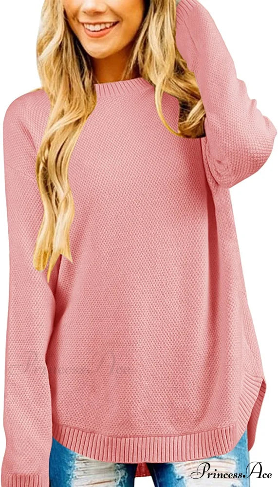 Women’s Long Sleeve Oversized Crew Neck Knit Pullover Pink / Medium