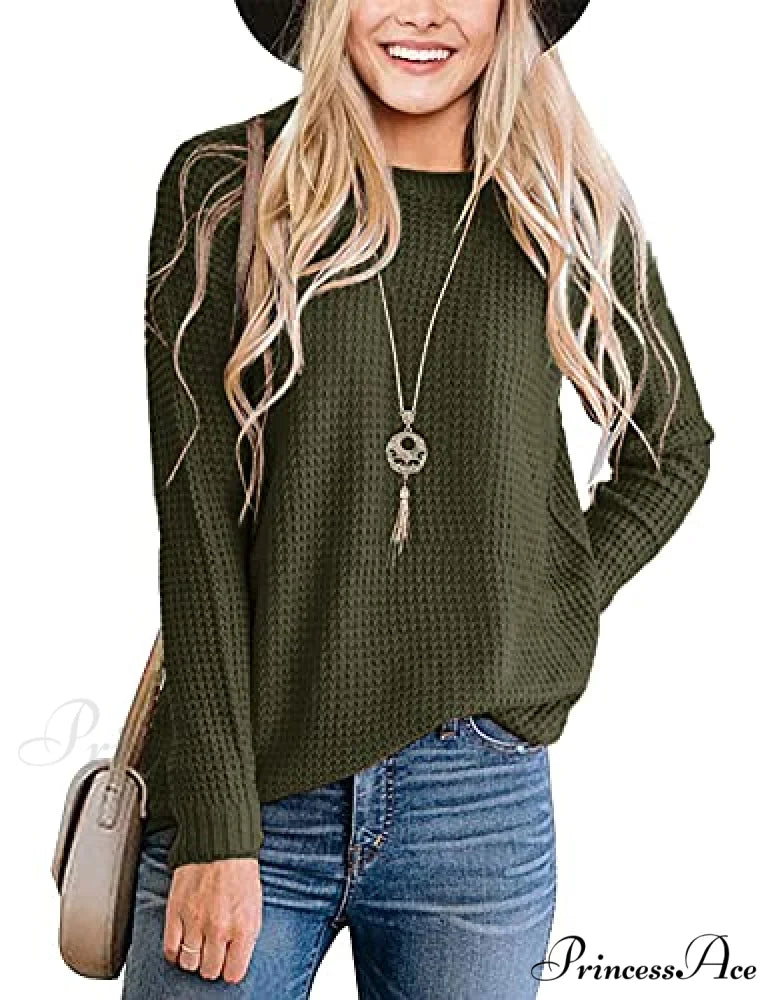 Women’s Long Sleeve Waffle Knit Crew Neck Solid Color Sweater