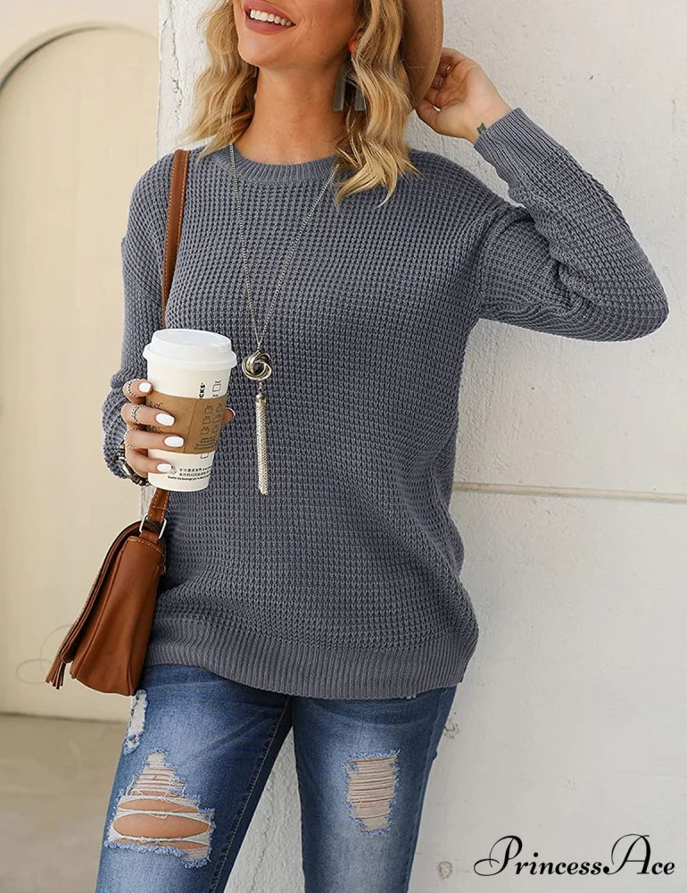 Women’s Long Sleeve Waffle Knit Crew Neck Solid Color Sweater