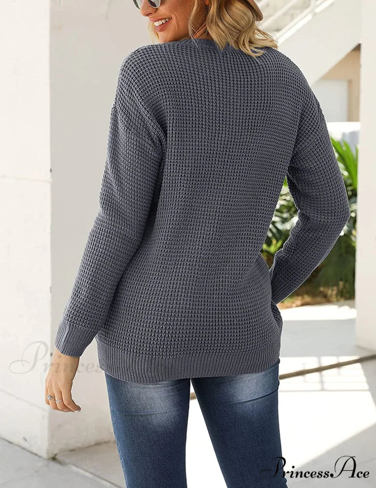 Women’s Long Sleeve Waffle Knit Crew Neck Solid Color Sweater