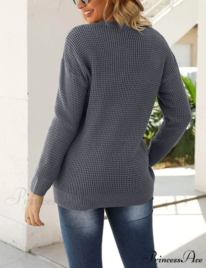 Women’s Long Sleeve Waffle Knit Crew Neck Solid Color Sweater