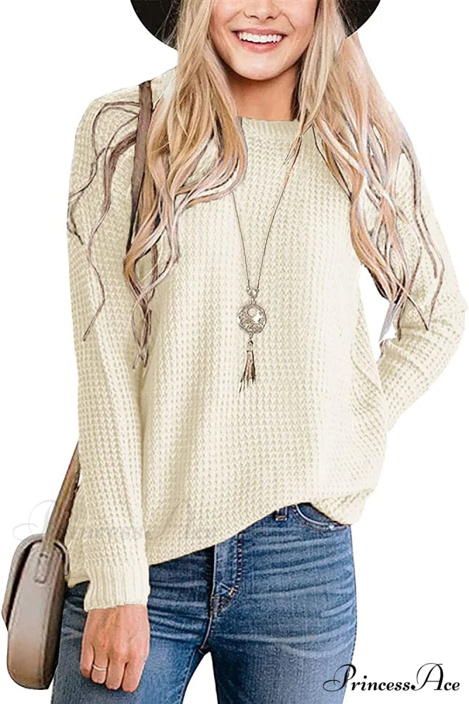 Women’s Long Sleeve Waffle Knit Crew Neck Solid Color Sweater Beige / X-Large
