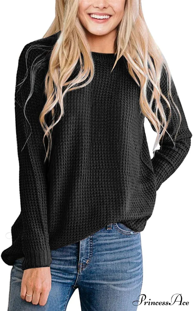 Women’s Long Sleeve Waffle Knit Crew Neck Solid Color Sweater Black / Small