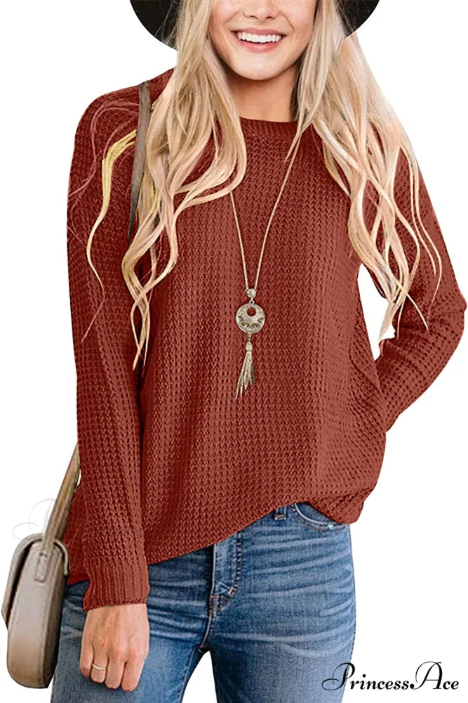 Women’s Long Sleeve Waffle Knit Crew Neck Solid Color Sweater Brown / Small