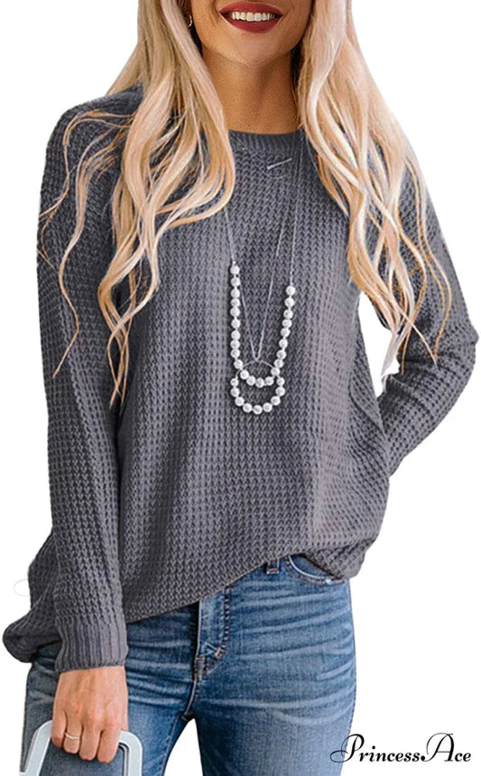 Women’s Long Sleeve Waffle Knit Crew Neck Solid Color Sweater Grey / XX-Large
