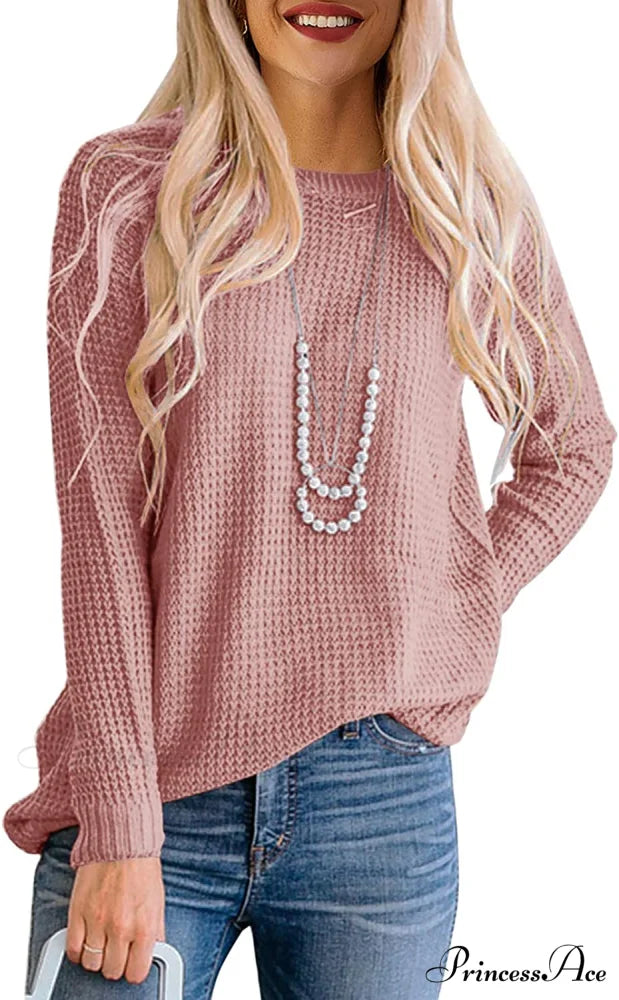 Women’s Long Sleeve Waffle Knit Crew Neck Solid Color Sweater Pink / XX-Large