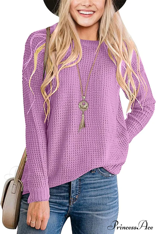 Women’s Long Sleeve Waffle Knit Crew Neck Solid Color Sweater Purple / Small