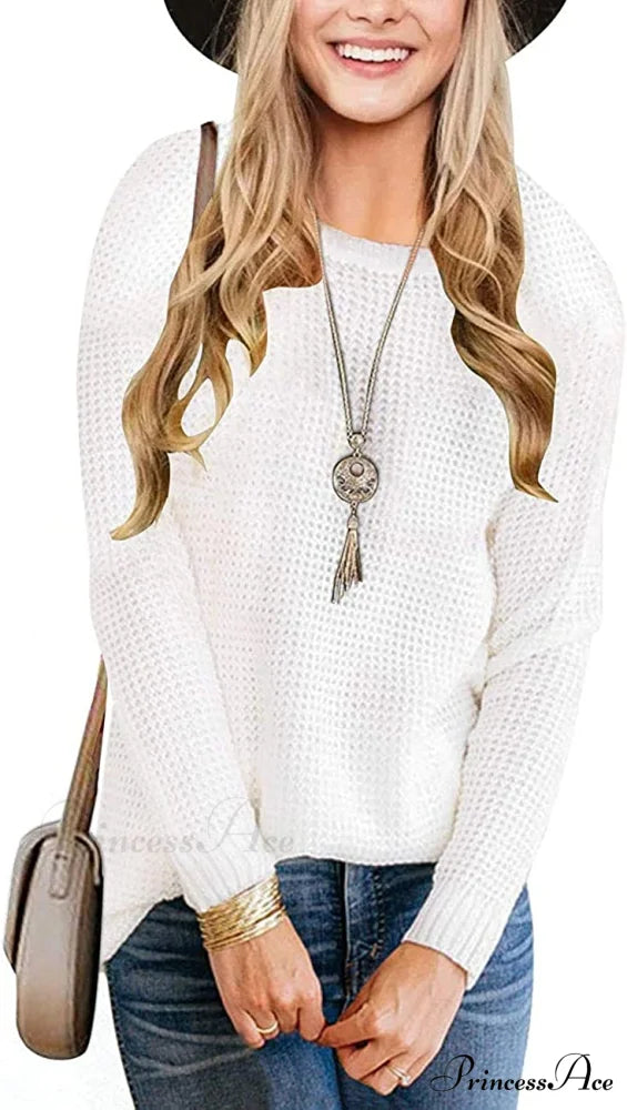 Women’s Long Sleeve Waffle Knit Crew Neck Solid Color Sweater White / X-Large