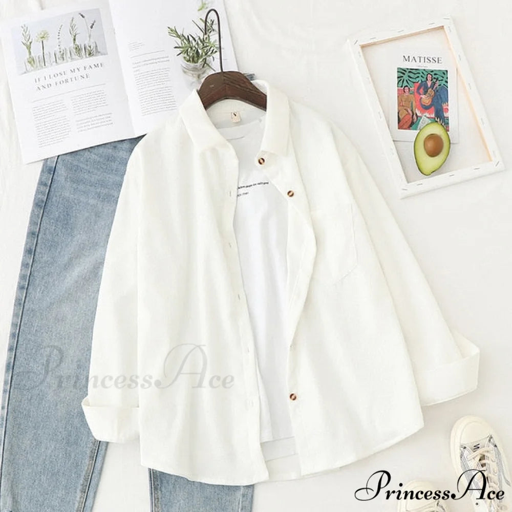 Women’s Long Up White Arm Corduroy Tunic Button - Blouse Top XL / White