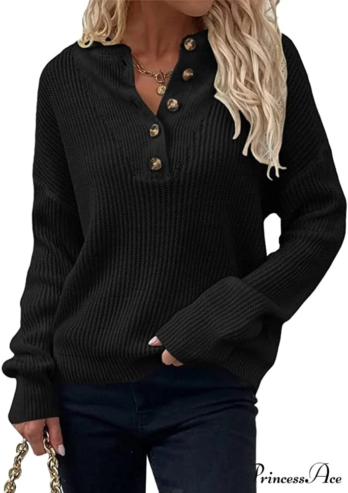 Women’s Loose Button V Neck Long Sleeve Sweater Black / Large