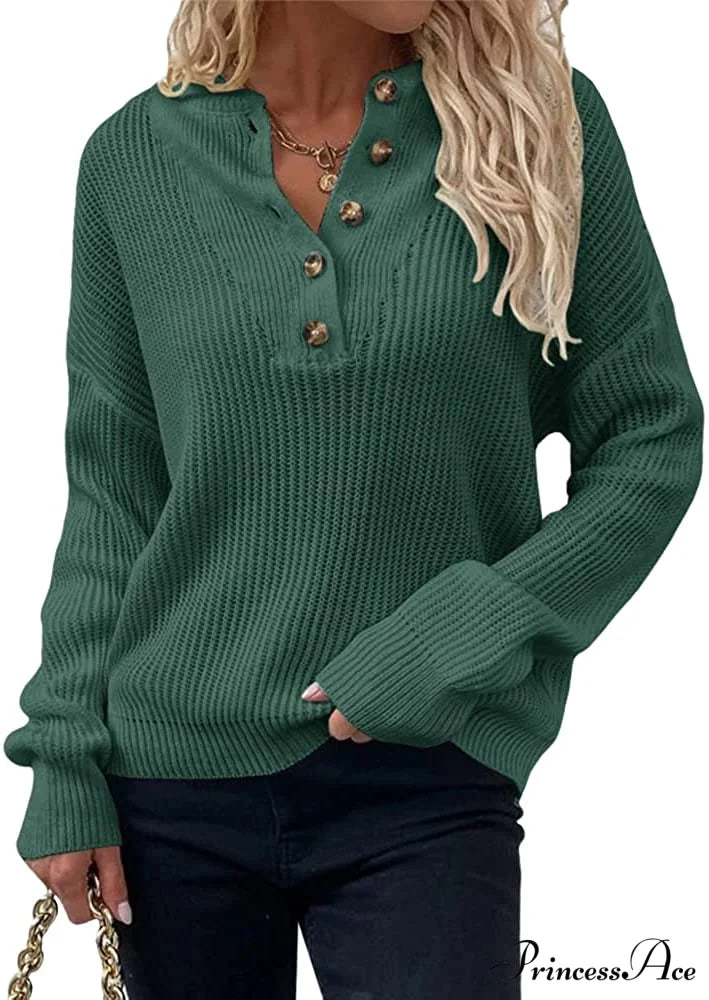 Women’s Loose Button V Neck Long Sleeve Sweater Grass Green / Large