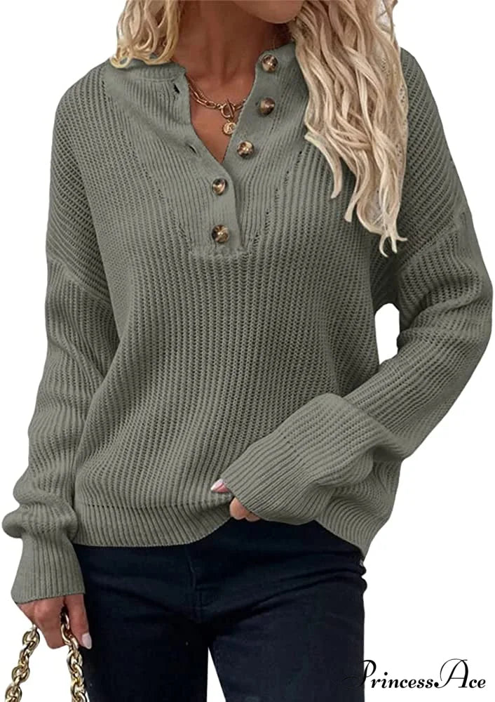 Women’s Loose Button V Neck Long Sleeve Sweater Grey / Large