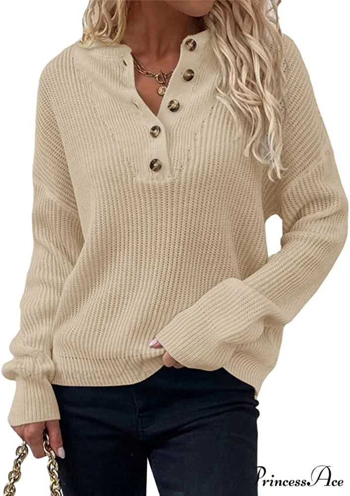 Women’s Loose Button V Neck Long Sleeve Sweater Khaki / Large