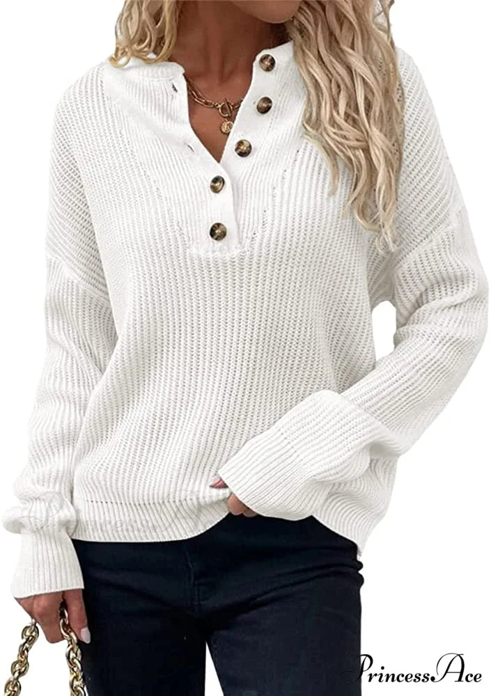 Women’s Loose Button V Neck Long Sleeve Sweater White / Large