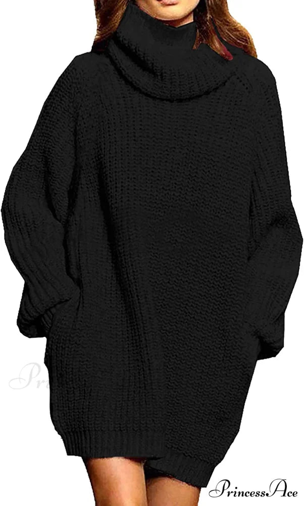 Women’s Loose Turtleneck Oversize Long Pullover Sweater Dress Black / Large