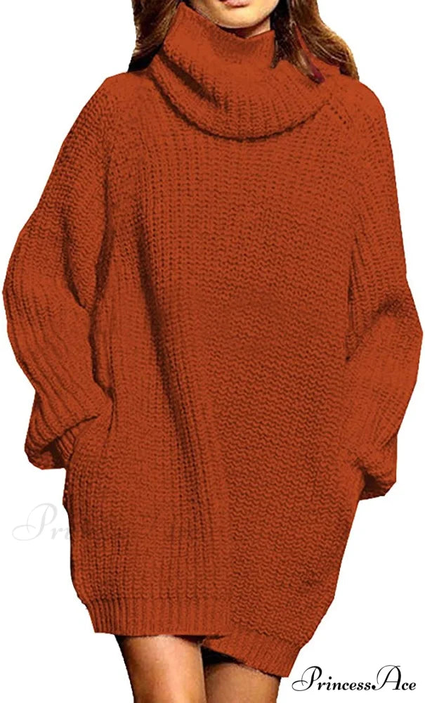 Women’s Loose Turtleneck Oversize Long Pullover Sweater Dress Brown / Large