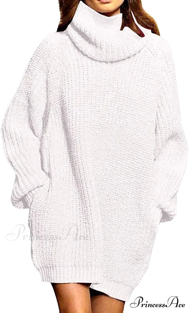 Women’s Loose Turtleneck Oversize Long Pullover Sweater Dress White / Large