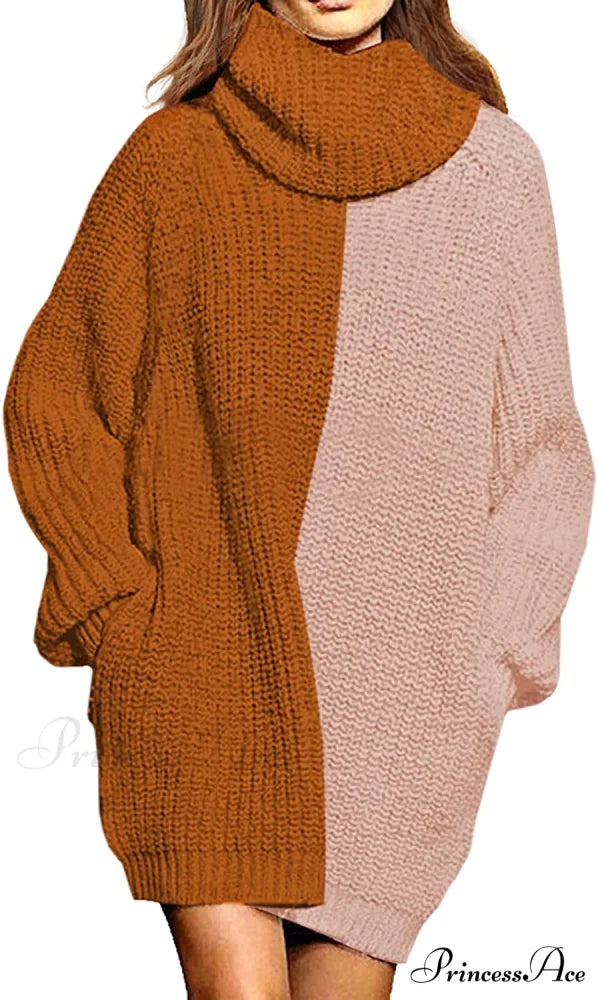 Women’s Loose Turtleneck Oversize Long Pullover Sweater Dress Y -Brown and Pink / Large