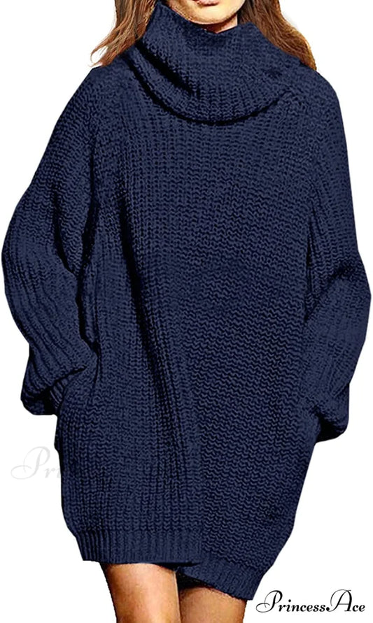 Women’s Loose Turtleneck Oversize Long Pullover Sweater Dress Y - Dark Blue / Large