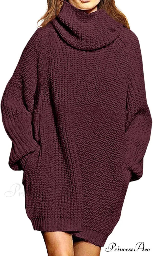 Women’s Loose Turtleneck Oversize Long Pullover Sweater Dress Y - Dark Red / Large