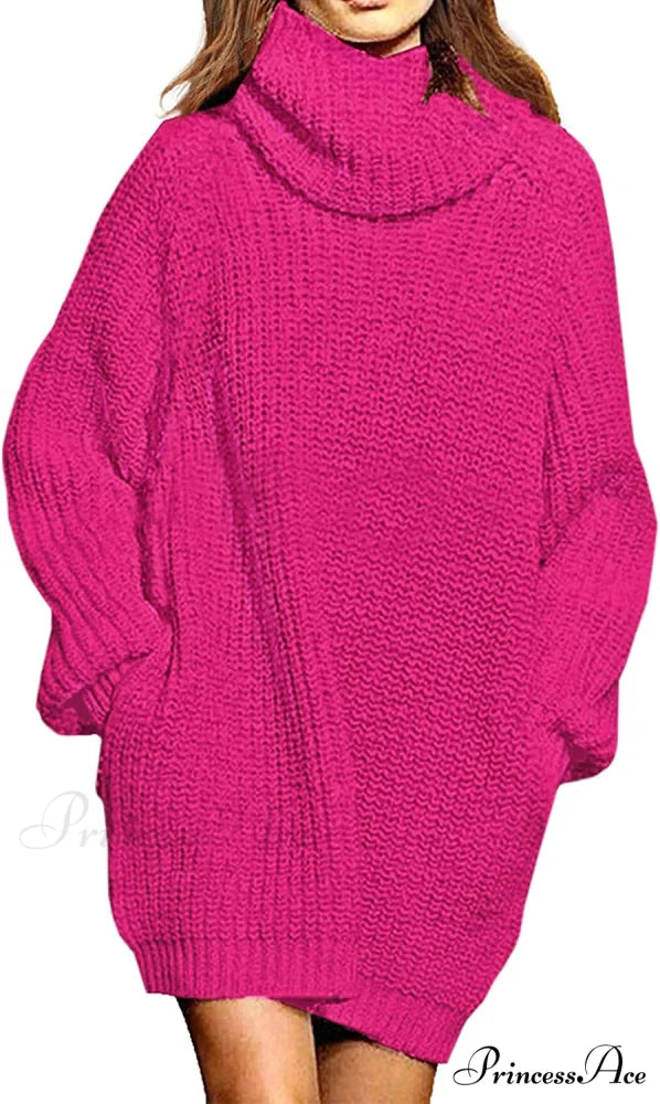 Women’s Loose Turtleneck Oversize Long Pullover Sweater Dress Y - Hot Pink / Large