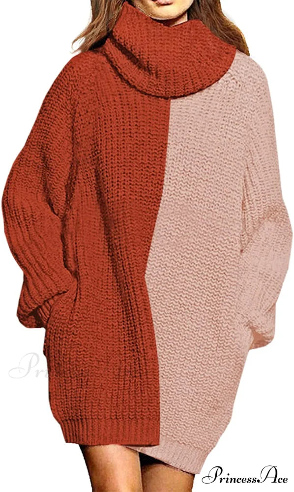 Women’s Loose Turtleneck Oversize Long Pullover Sweater Dress Y - Orange and Pink / Large
