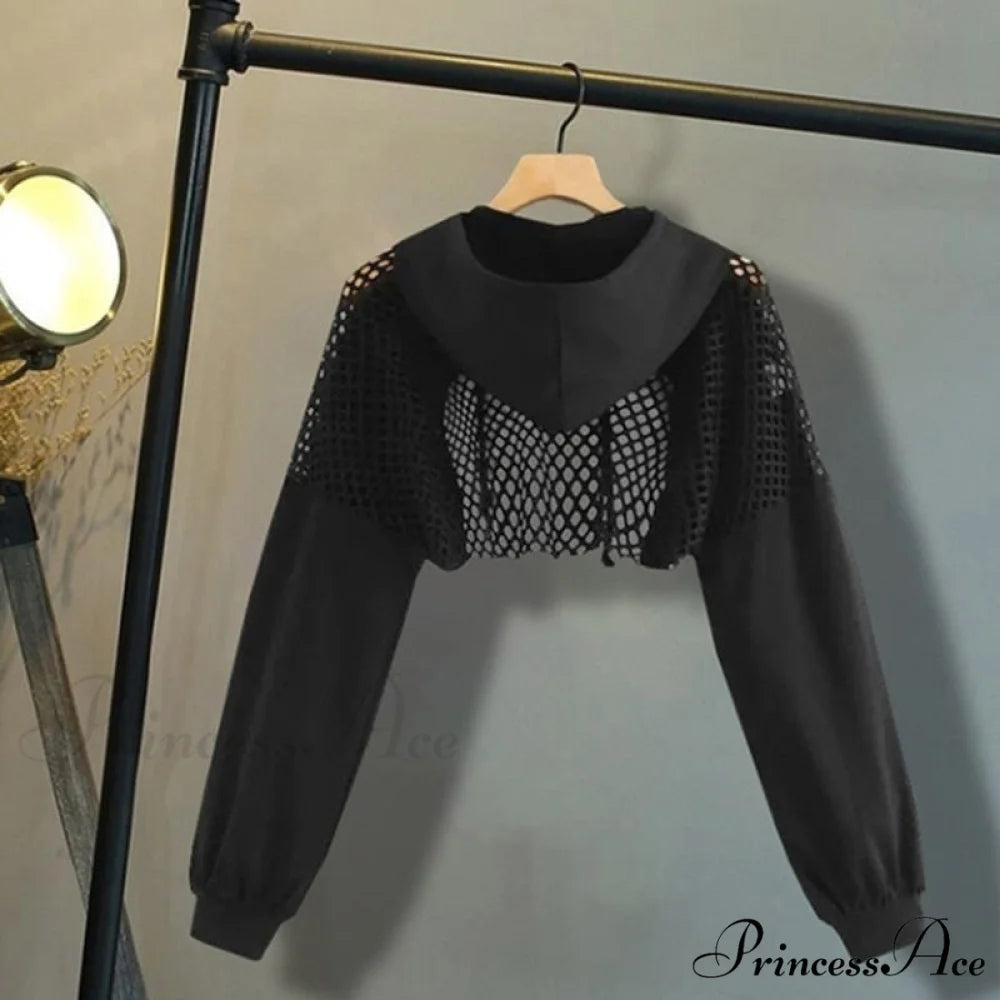 Women’s Mesh with Out Hoodie Black Crop Top Hollow Patchwork