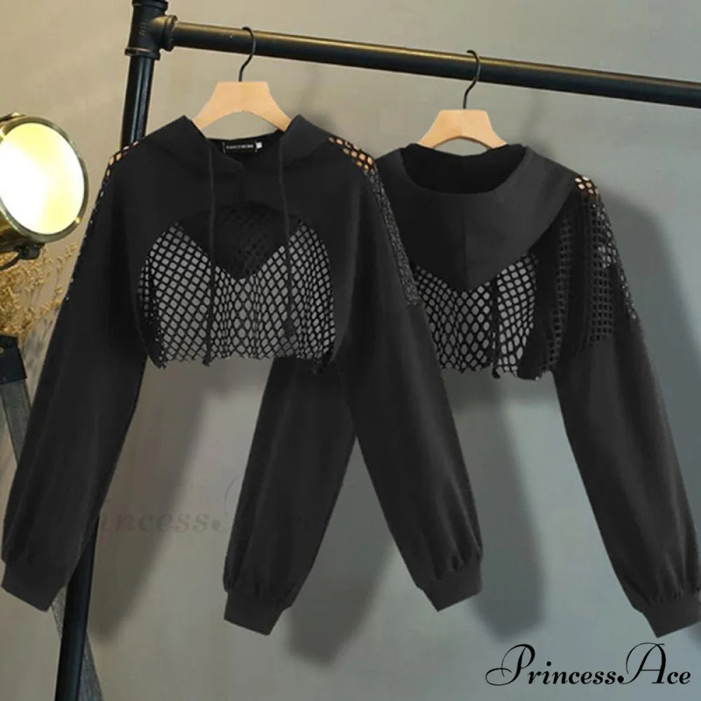 Women’s Mesh with Out Hoodie Black Crop Top Hollow Patchwork