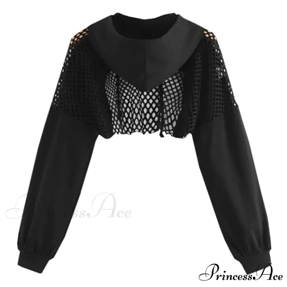 Women’s Mesh with Out Hoodie Black Crop Top Hollow Patchwork black / S