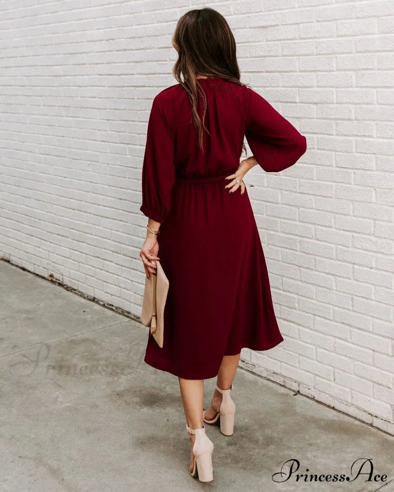 Women’s O Neck Elegant Half Sleeve Big Swing Party Dress L / BURGUNDY