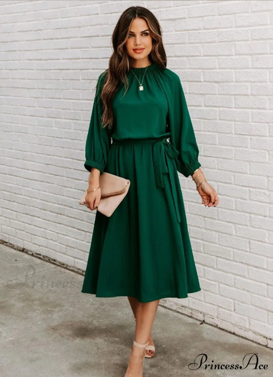 Women’s O Neck Elegant Half Sleeve Big Swing Party Dress S / BURGUNDY