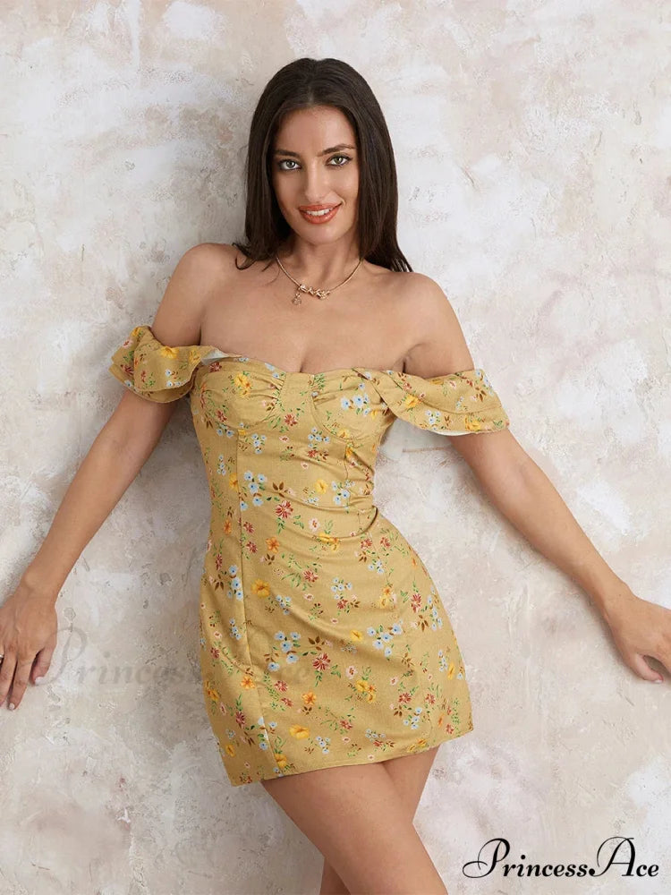 Women’s Off Shoulder Mini Sleeveless Ruffle Trim SlimFit Clubwear Floral Dress
