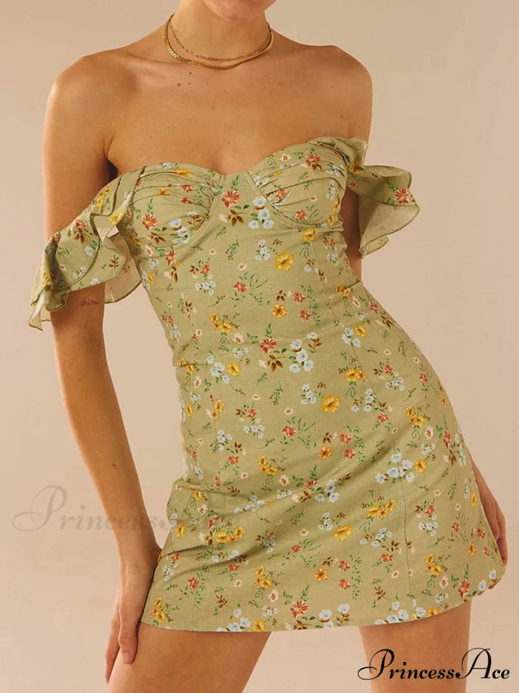 Women’s Off Shoulder Mini Sleeveless Ruffle Trim SlimFit Clubwear Floral Dress