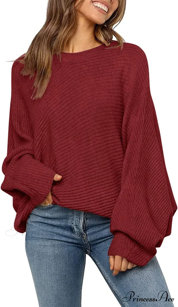 Women’s Oversized Long Bat Sleeve Sweater Wine / Large