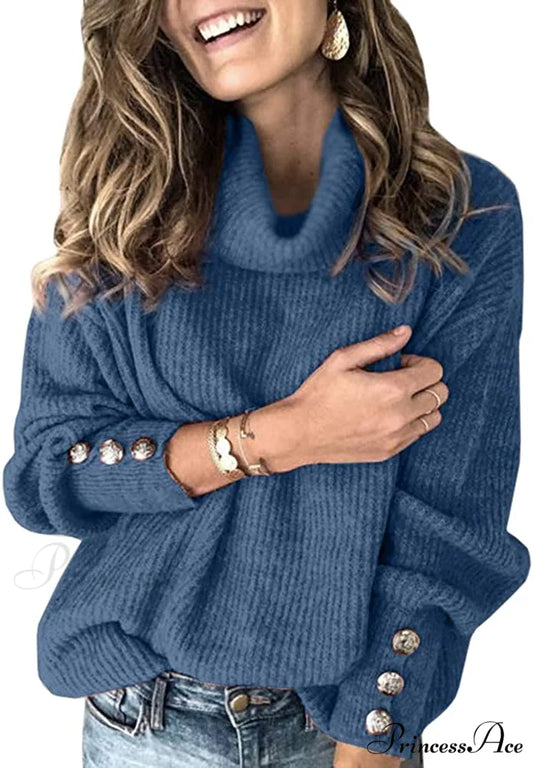 Women’s Oversized Turtleneck Chunky Pullover Sweaters Blue / X-Large