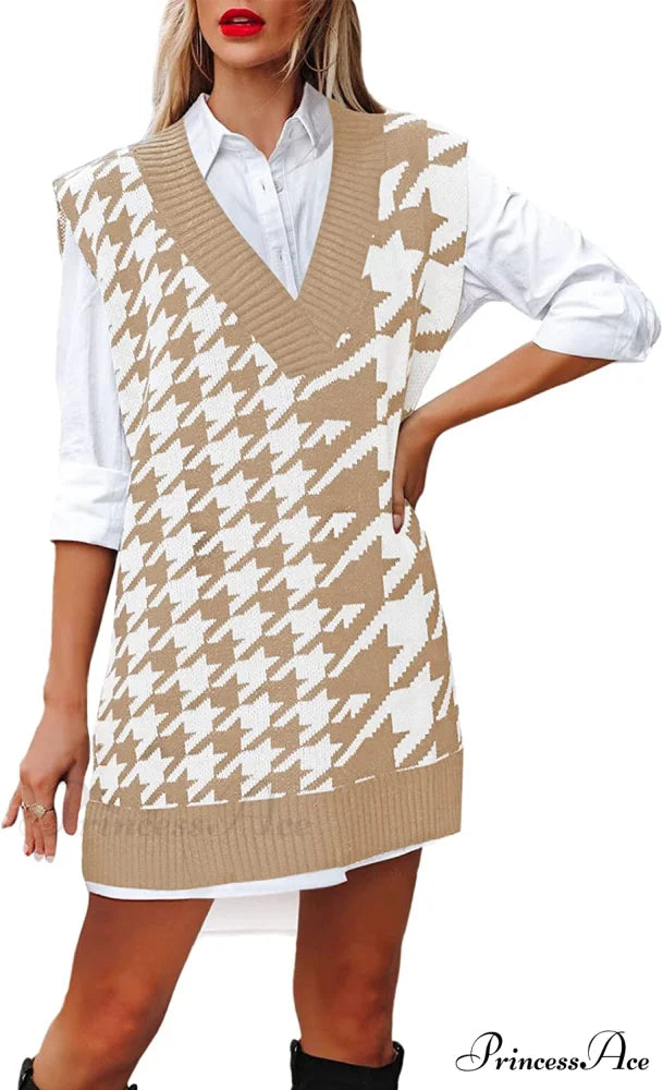 Women’s Oversized V Neck Knit Sweater Vest Tunic Sleeveless Pullover Top 1-apricot White Houndstooth / Large