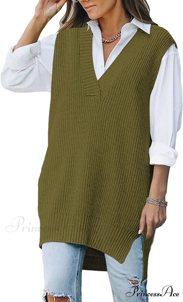 Women’s Oversized V Neck Knit Sweater Vest Tunic Sleeveless Pullover Top 1-army Green / Large