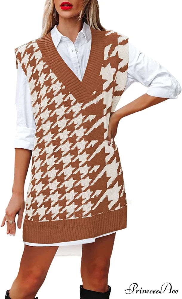 Women’s Oversized V Neck Knit Sweater Vest Tunic Sleeveless Pullover Top 1-brown Houndstooth / Large