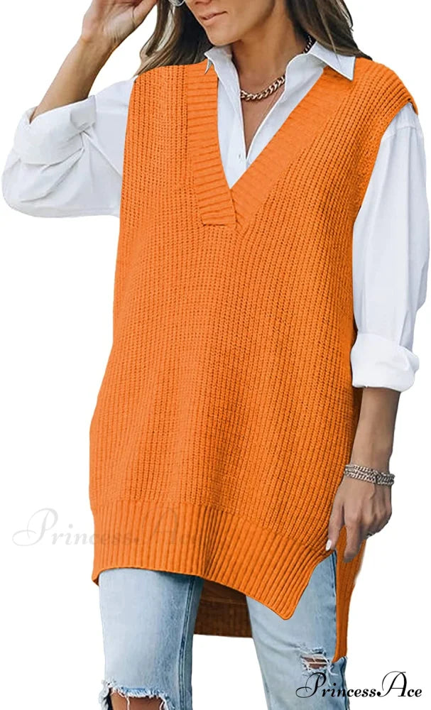 Women’s Oversized V Neck Knit Sweater Vest Tunic Sleeveless Pullover Top 1-orange / Medium